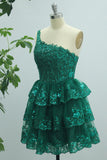 Dark Green A Line One Shoulder Short Homecoming Dress with Appliques Beading