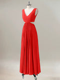 Red A-Line V Neck Pleated Chiffon Hollow Out Knee Length Bridesmaid Dress