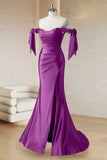 Purple Mermaid Off The Shoulder Ruched Corset Long Prom Dress with Slit