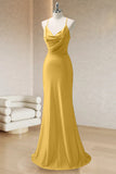 Yellow Mermaid Spaghetti Straps Ruched Long Prom Dress