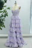 Lilac Princess A Line Sweetheart Tiered Sequin Tulle Prom Dress With Slit