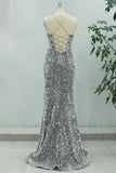 Grey Spaghetti Straps Sequin Mermaid Prom Dress with Slit