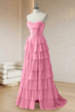 Pink A-Line Strapless Corset Ruffle Tiered Long Prom Dress with Slit