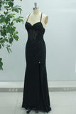 Black Mermaid Sparkly Spaghetti Straps Long Prom Dress with Slit