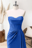 Glitter Royal Blue Strapless Mermaid Long Prom Dress with Slit