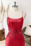 Red Mermaid Corset Spaghetti Straps Long Prom Dress with Appliques