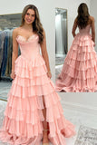Light Pink A Line Strapless Satin Corset Long Prom Dress with Ruffle Skirt