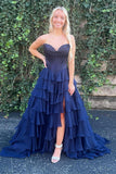 Light Pink A Line Strapless Satin Corset Long Prom Dress with Ruffle Skirt
