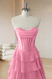 Pink A-Line Strapless Corset Ruffle Tiered Long Prom Dress with Slit