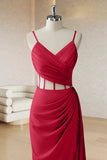 Red Mermaid Spaghetti Straps Pleated Corset Long Prom Dress with Slit