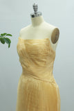 Champagne A Line Tulle Strapless Long Prom Dress
