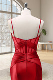 Red Mermaid Spaghetti Straps Corset Long Prom Dress with Slit