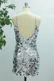 Silver Mermaid Spaghetti Straps Sequin Short V-Neck Homecoming Dress