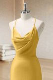 Yellow Mermaid Spaghetti Straps Ruched Long Prom Dress