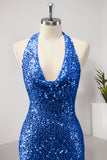 Glitter Royal Blue Mermaid Halter Open Back Long Prom Dress with Sequins