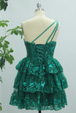 Dark Green A Line One Shoulder Short Homecoming Dress with Appliques Beading
