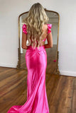 Hot Pink Mermaid Waist Hollow Long Prom Dress with Flower