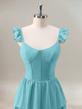 Sky Blue A Line Corset Tiered Ruched Long Bridesmaid Dress with Slit