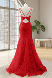 Red Mermaid Spaghetti Straps Sequin Long Prom Dress with Appliques