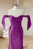 Purple Mermaid Off The Shoulder Ruched Corset Long Prom Dress with Slit