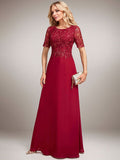 Burgundy A Line Round Neck Sequin Mother of Bride Dress With Appliques