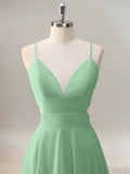 Green A Line V Neck Tiered Long Bridesmaid Dress with Lace Up Back