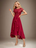 Sparkly Burgundy Asymmetrical Sequin Mother of Bride Dress with Appliques