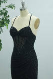 Black Mermaid Sparkly Spaghetti Straps Long Prom Dress with Slit