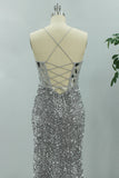 Grey Spaghetti Straps Sequin Mermaid Prom Dress with Slit