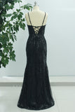 Sparkly Black Mermaid Spaghetti Straps Long Prom Dress with Slit