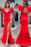White Mermaid Plunge V Cutout Back Long Prom Dress with Slit