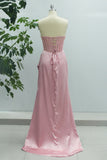 Pink Mermaid Strapless Satin Long Prom Dress with Slit