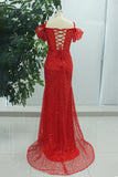 Sparkly Red Mermaid Cold Shoulder Long Prom Dress