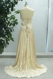 Champagne A Line Long Strapless Satin Chest Wrap Prom Dress with Slit