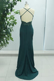 Dark Green Mermaid Spaghetti Straps Satin Long Prom Dress with Slit
