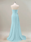 Sky Blue Mermaid Strapless Ruched Long Bridesmaid Dress with Slit