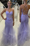 Lilac Mermaid Spaghetti Straps Ruffles Long Prom Dress with Appliques