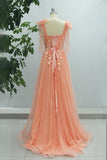 Coral A Line Tulle Spaghetti Straps Sweetheart Prom Dress with Slit