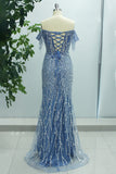 Purple Mermaid Sparkly Off The Shoulder Long Prom Dress with Slit