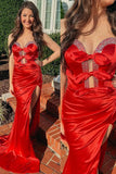 Red Mermaid Strapless Bow Pleated Long Prom Dress with Slit
