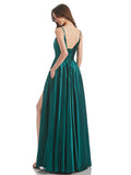 Black A-Line V-Neck Spaghetti Strap Long Bridesmaid Dress With Slit