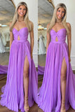 Lilac A Line Pleated Strapless Prom Dress with Slit