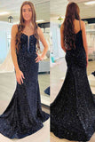 White Mermaid Spaghetti Straps Plunging Neck Sequins Long Prom Dress