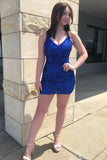 Purple Sheath Spaghetti Straps Sequins Short Homecoming Dress