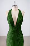 Sparkly Dark Green Mermaid Halter Deep V Neck Long Prom Dress with Slit
