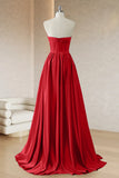 Red A Line Strapless Corset Sequin Long Prom Dress with Slit
