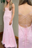 Pink Mermaid Spaghetti Straps V-Neck Sleeveless Long Prom Dress with Appliques