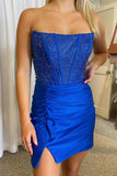 Royal Blue Mermaid Strapless Beaded Tight Homecoming Dress