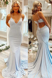 Light Blue Mermaid Spaghetti Straps Tie Back Long Prom Dress