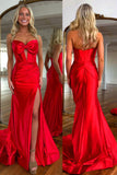 Red Mermaid Strapless Bowknot Long Prom Dress with Slit